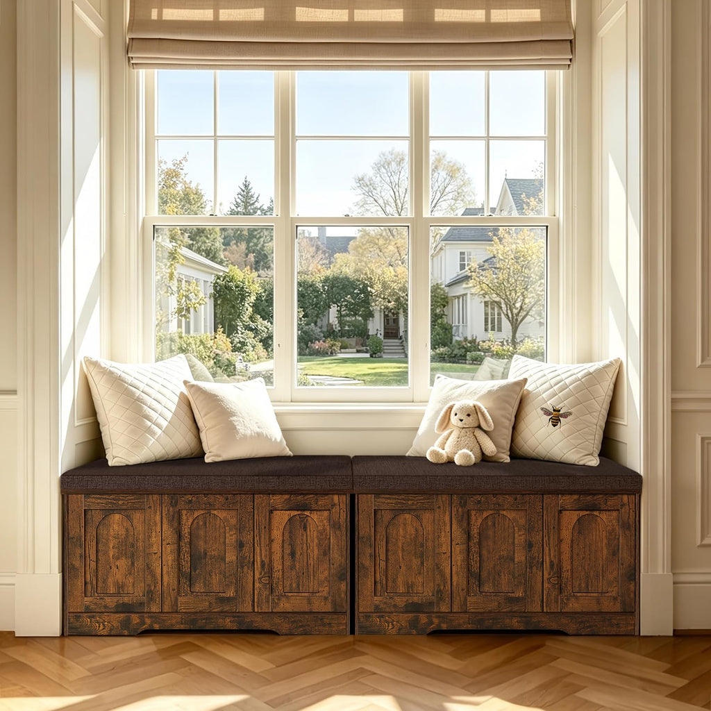 Shoe Storage Bench with Cushion, Door, Rustic Brown 39.4"LX21.5"H