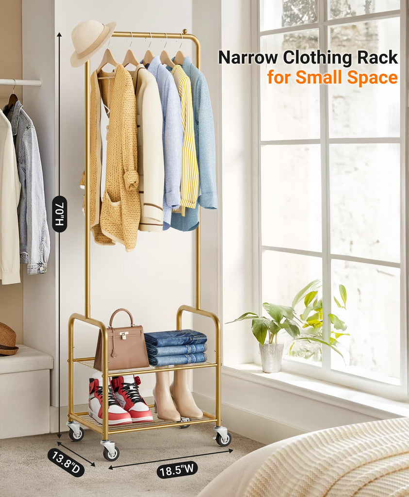 Small Clothes Rack with Shelves, Metal Sturdy Rolling Clothing Racks for Hanging Clothes, Portable Garment Rack with
