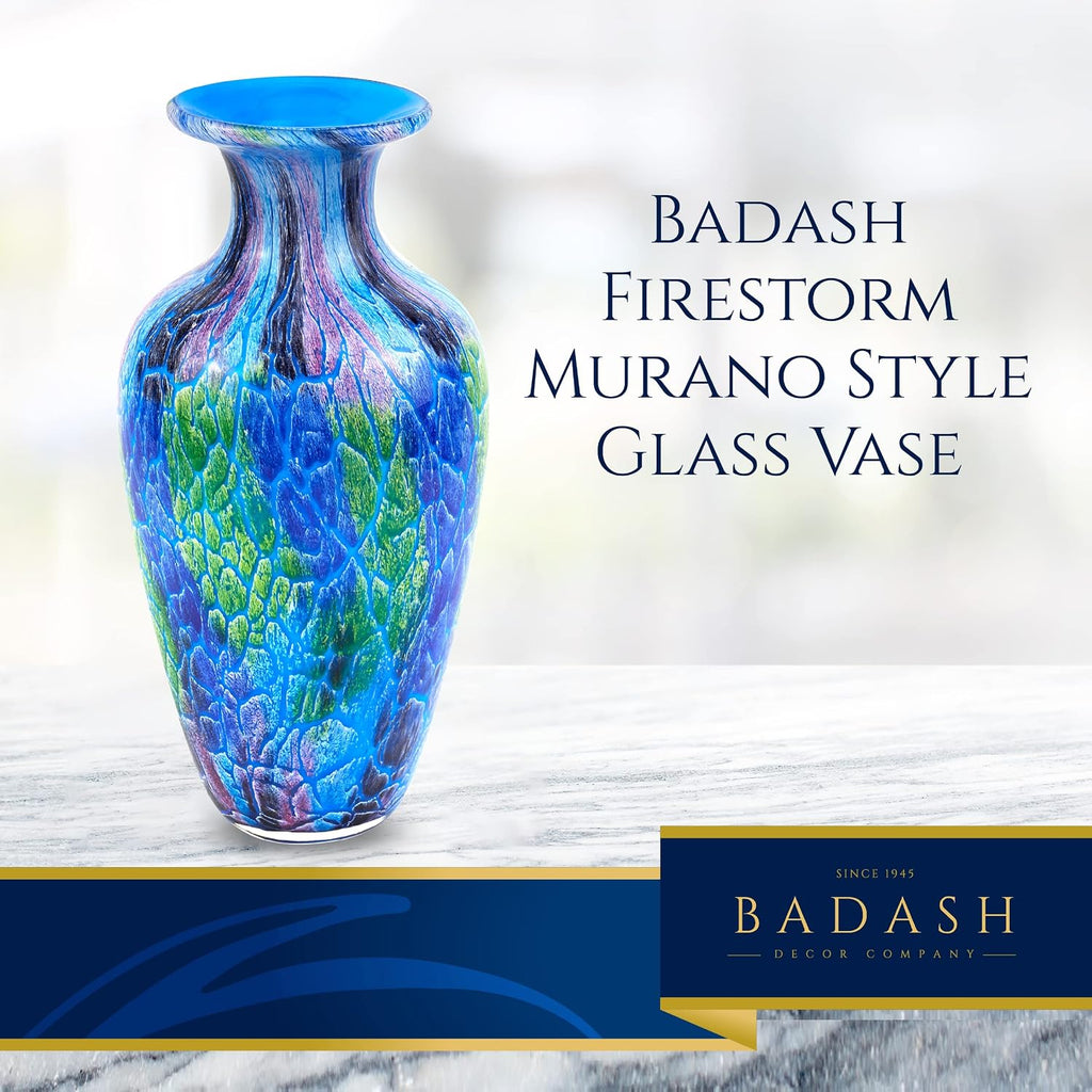 Firestorm Murano-Style Art Glass Vase - 10" Tall Decorative Mouth-Blown Glass Decor - Stunning Blown Glass Vase