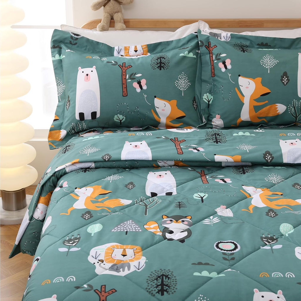 Green Forest Animals Kids Comforter Set Full, 3 Piece Woodland Printed Microfiber Bedding Set, Machine Washable