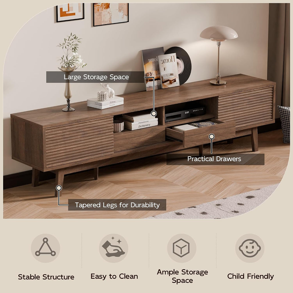 70" Mid Century Modern TV Stand for TVs up to 75 Inch, Low Profile Entertainment Center with Fluted Sliding Doors &