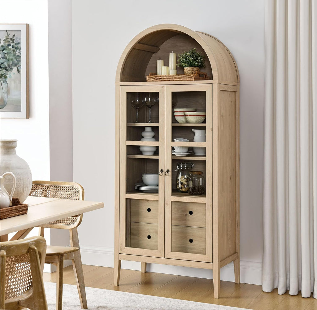 Nolan Modern Farmhouse 71 Inch Tall Arched Storage Display Cabinet in Light Oak Wood Grain - 4-Tier Bookcase with
