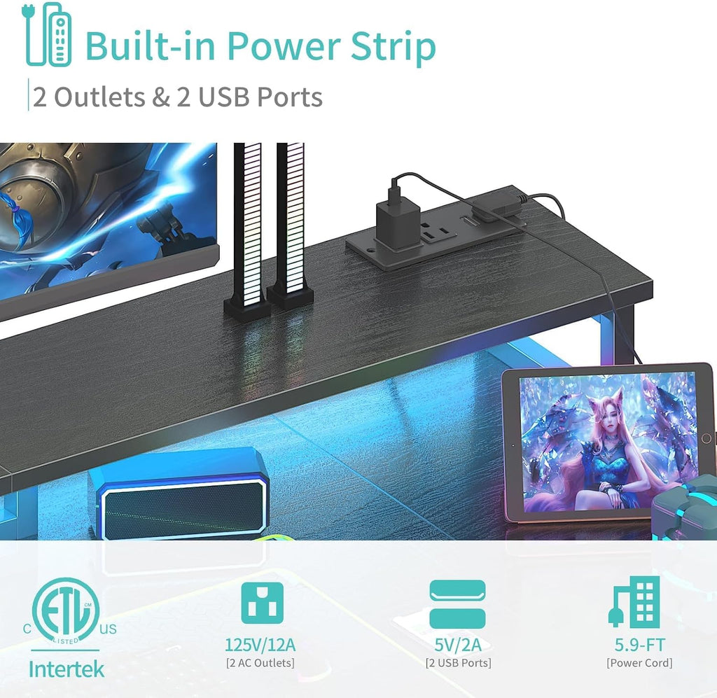 Gaming Desk with LED Lights and Storage Shelves, 47 inch Computer Desk with Power Outlets, Home Office Desk with