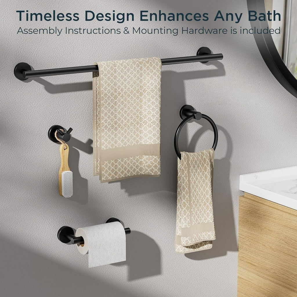 Bathroom Accessories, 4-Piece Bathroom Hardware Set - 24" Towel Bar | Matte Black | Towel Hooks, Towel Racks , Toilet
