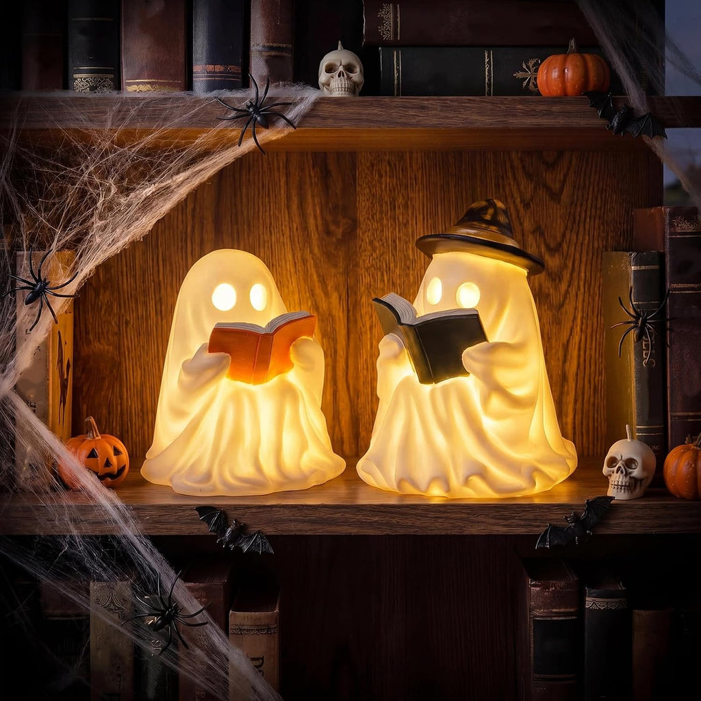 Halloween Decorations Indoor - Light Up Reading Ghost Couple - Set of 2