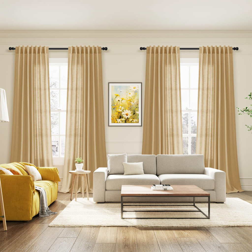Extra Long Gold Yellow Linen Curtains 120 Inch 2 Panels Set Rod Pocket Back Tab Linen Window Drapes Semi Sheer Light