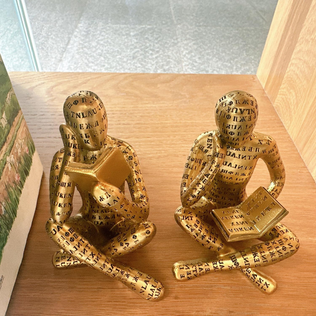Antique Gold Reading Thinker Statue, Set of 2 Abstract Art Sculptures