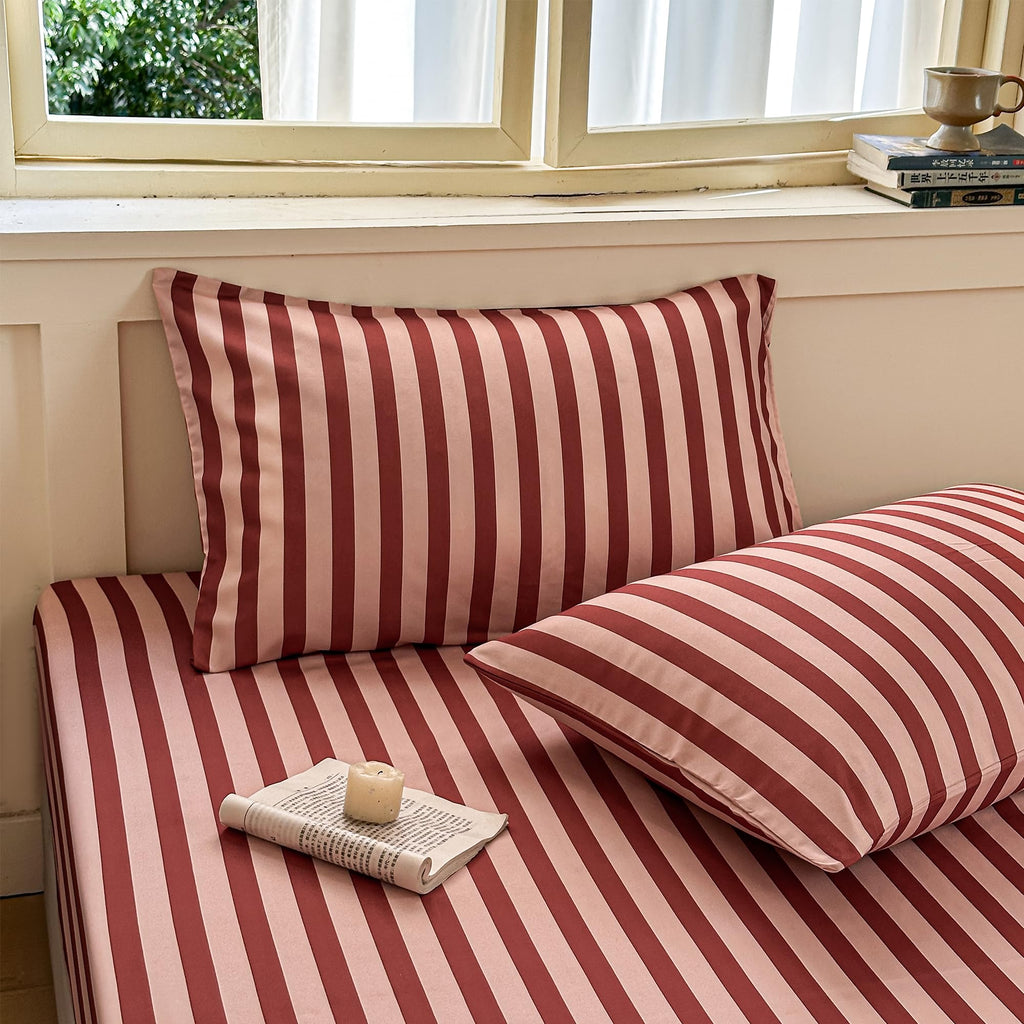 Dark Red Striped Duvet Cover Set