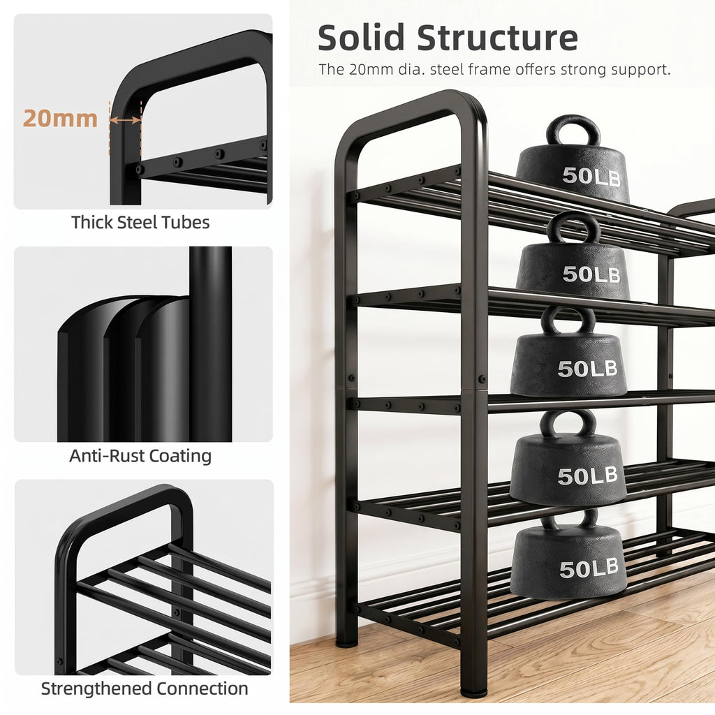 5-Tier Expandable Shoe Rack, 20 Pairs Adjustable Shoe Shelf for Closet, Entryway, Hallway, Garage, Dorm, Heavy-Duty
