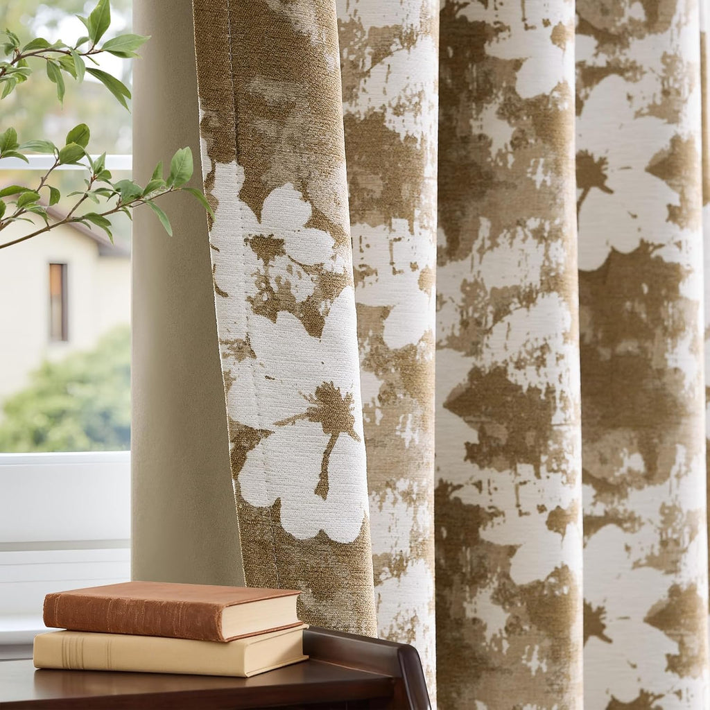 100% Blackout Taupe Floral Curtains,Vintage 96 Inch Thick Window Drapes 2 Panels Set for Living Room Thermal