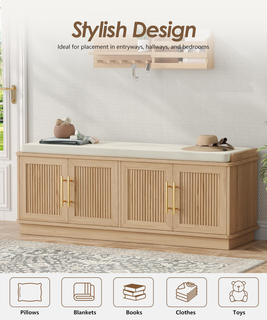 47.2" Fluted Shoe Storage Bench 4 Doors Wooden Entryway Bench Oak