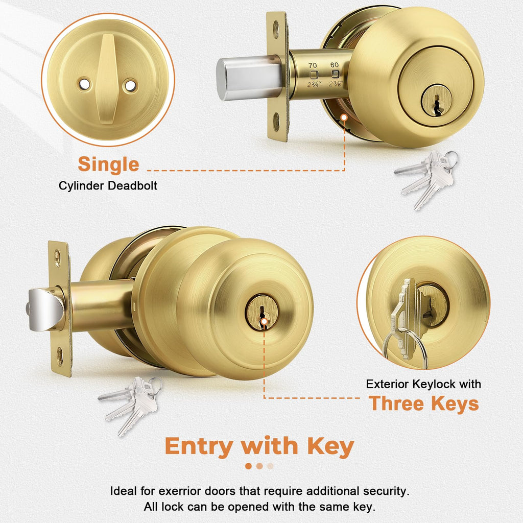 1 Pack Entry Door Knob Set, Gold, Single Cylinder Deadbolt
