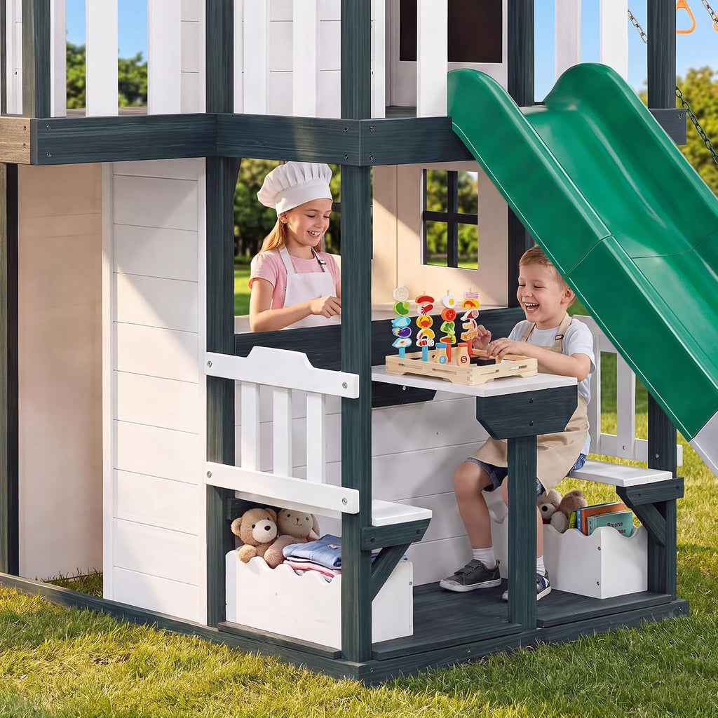 Wooden Swing Sets Playground with Slide Outdoor Playset All-in-One, White | Premium Solid Pine Wood, Lets 10 Children