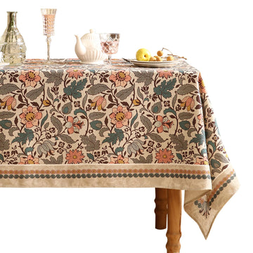 Designer Boho Floral Square Tablecloth, Linen Lotus Flower Pattern Colorful Indoor Table Cloth, Durable Decor
