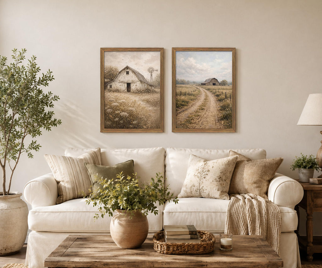 Farmhouse Wall Art Set of 2, Vintage Rustic Barn Landscape Canvas Prints
