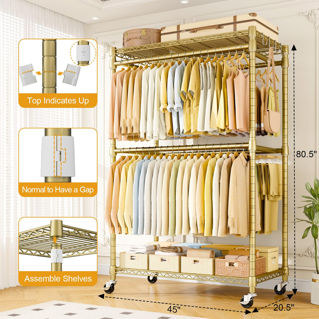 Rolling Clothes Rack, Clothing Racks for Hanging Clothes, Gold