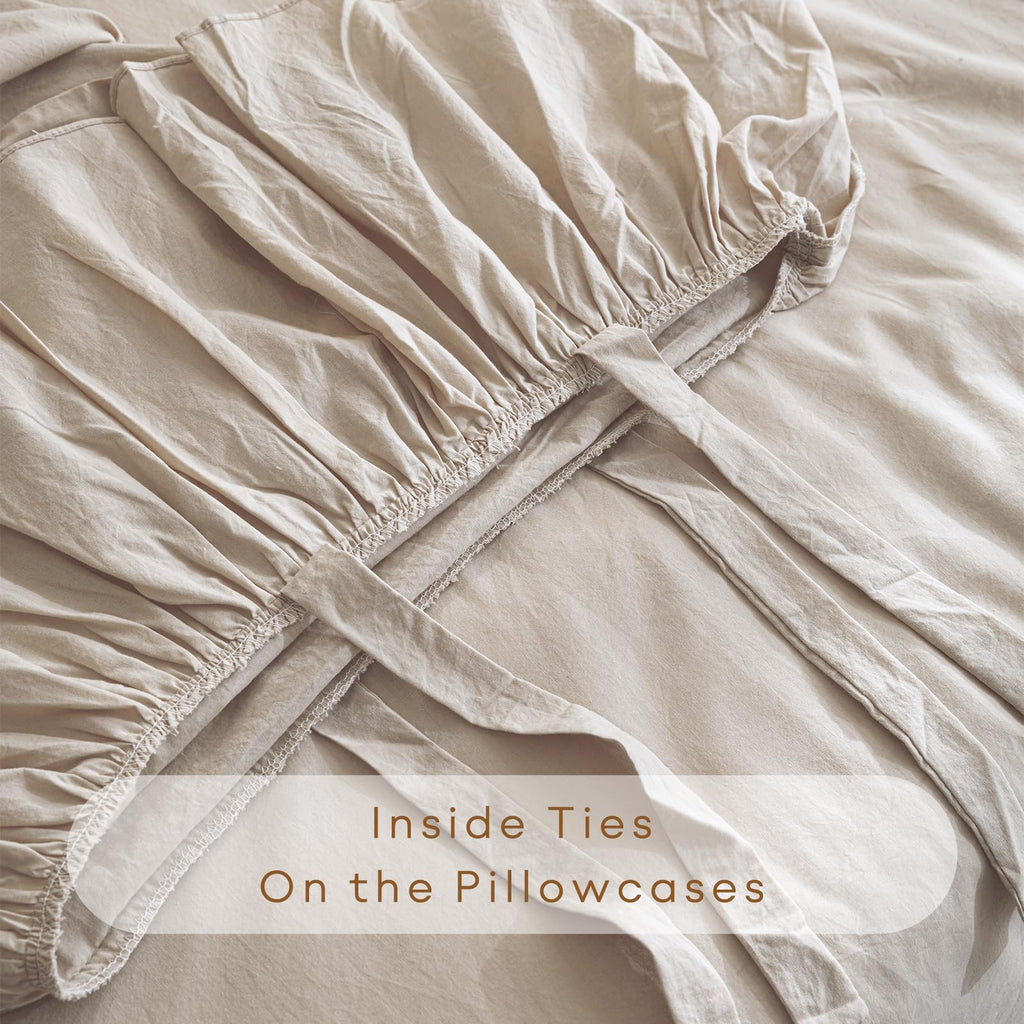 100% Cotton Sheet Set, Ruffle Bed Sheets Linen Feel Textured Farmhouse Shabby Vintage Chic Bedding 4 Pieces