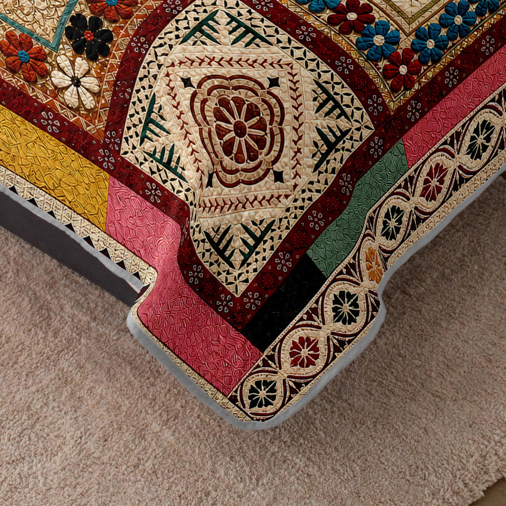 Vintage Bohemian Floral Patchwork Quilt, Geometric Bedspread.