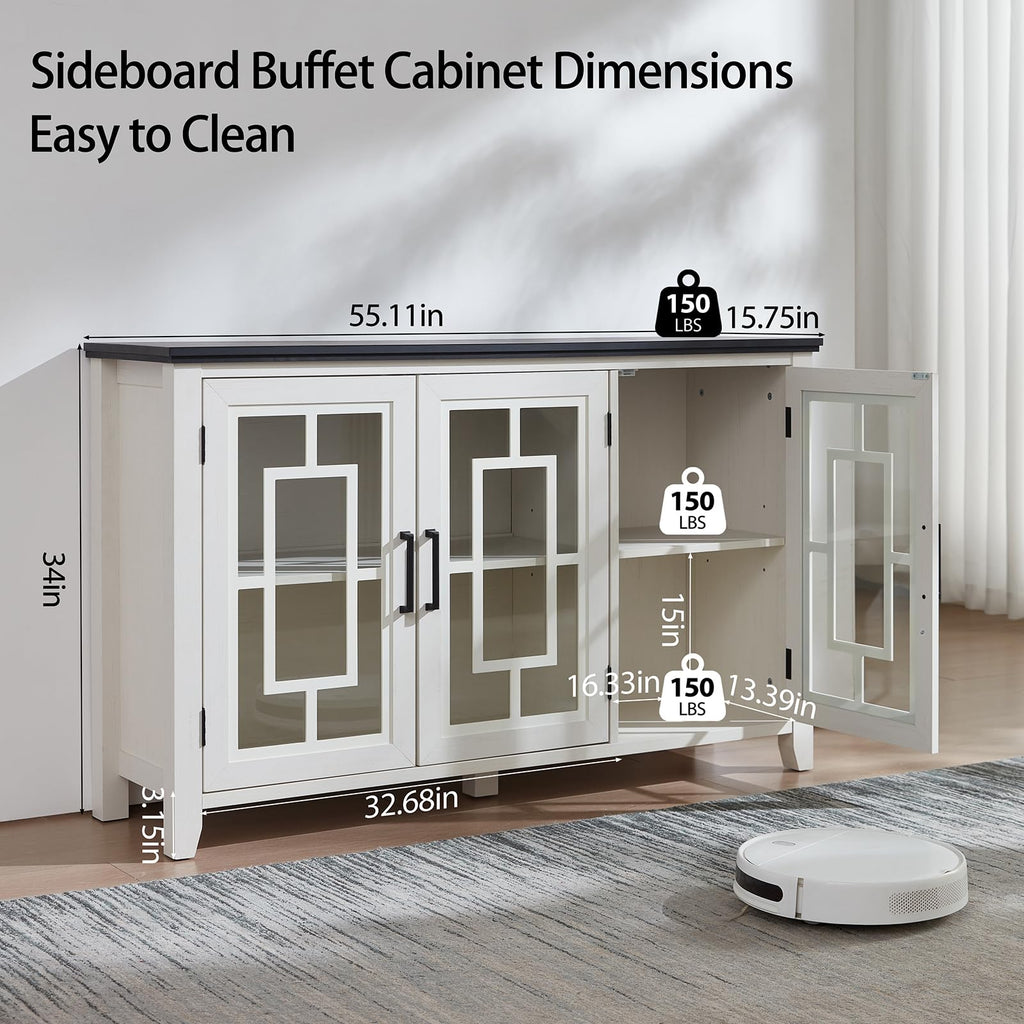 Large Sideboard Buffet Cabinet with Storage, 55" Farmhouse Credenza with 3 Glass Doors, Adjustable Shelves Console