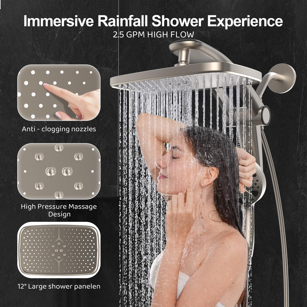 12" High Pressure Rain Shower Head with Handheld Spray Combo Faucet Upgrade