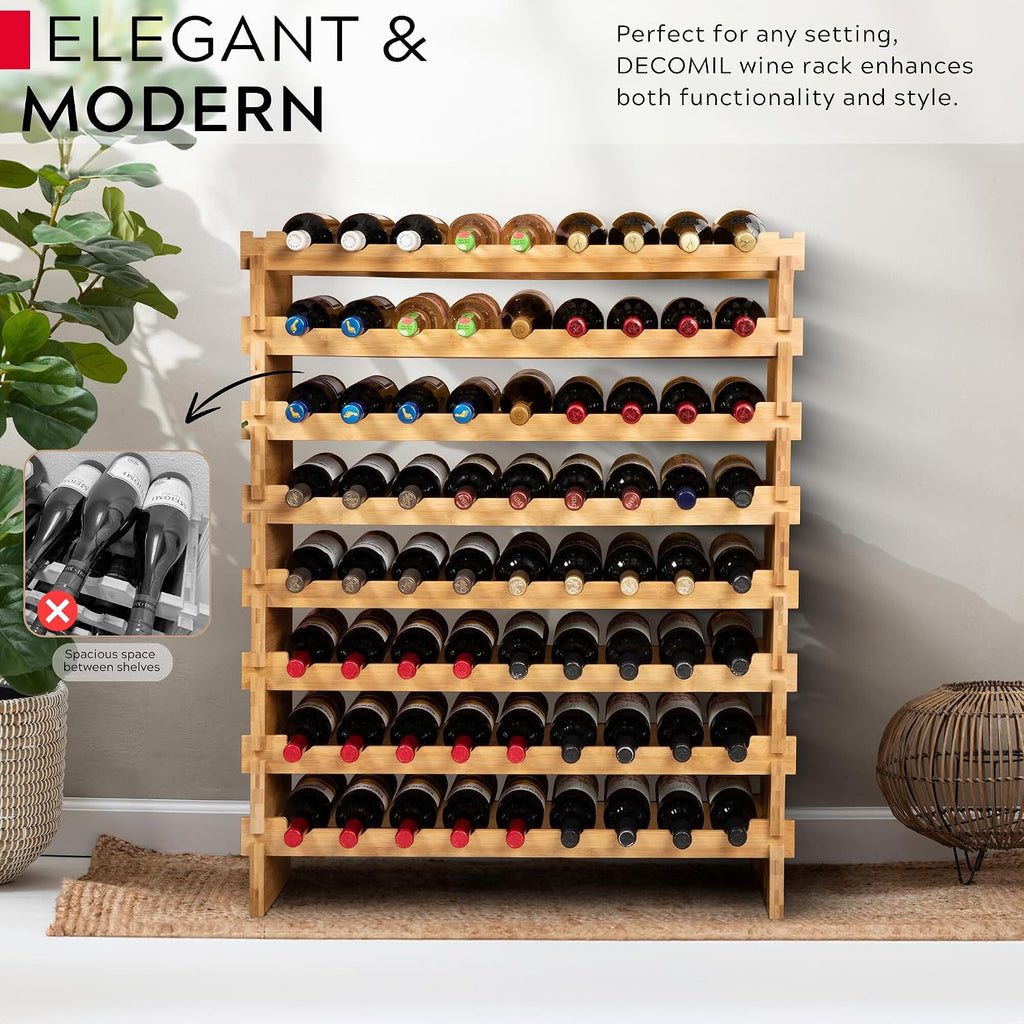 72 Bottle Stackable Modular Wine Rack Wine Storage Rack Solid Bamboo Wine Holder Display Shelves, Wobble-Free