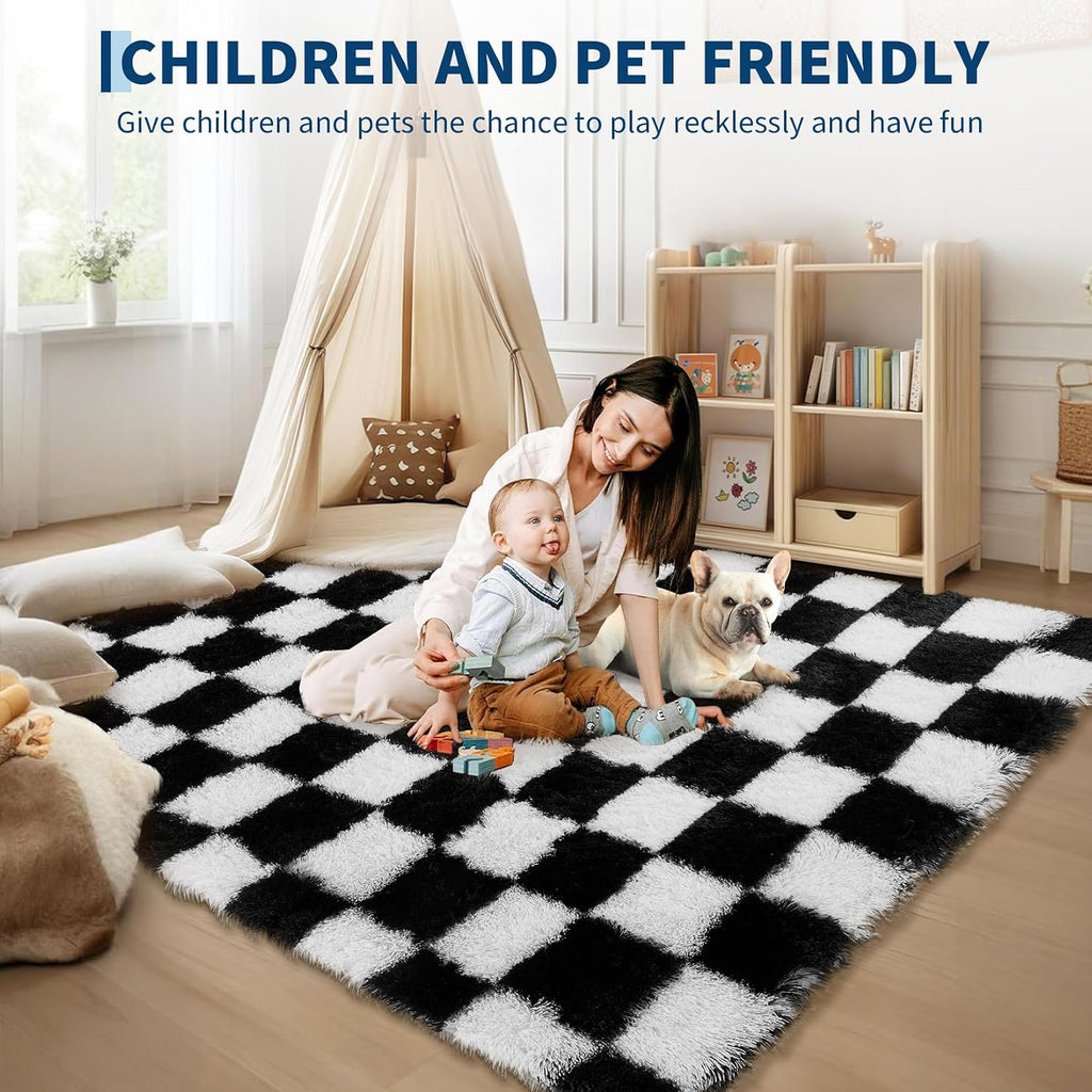 Checkered Area Rug 9x12 Large Rug Thick Super Soft Shaggy Rugs Fluffy Carpet Fluffy Fuzzy Shag Washable Rugs Nursery