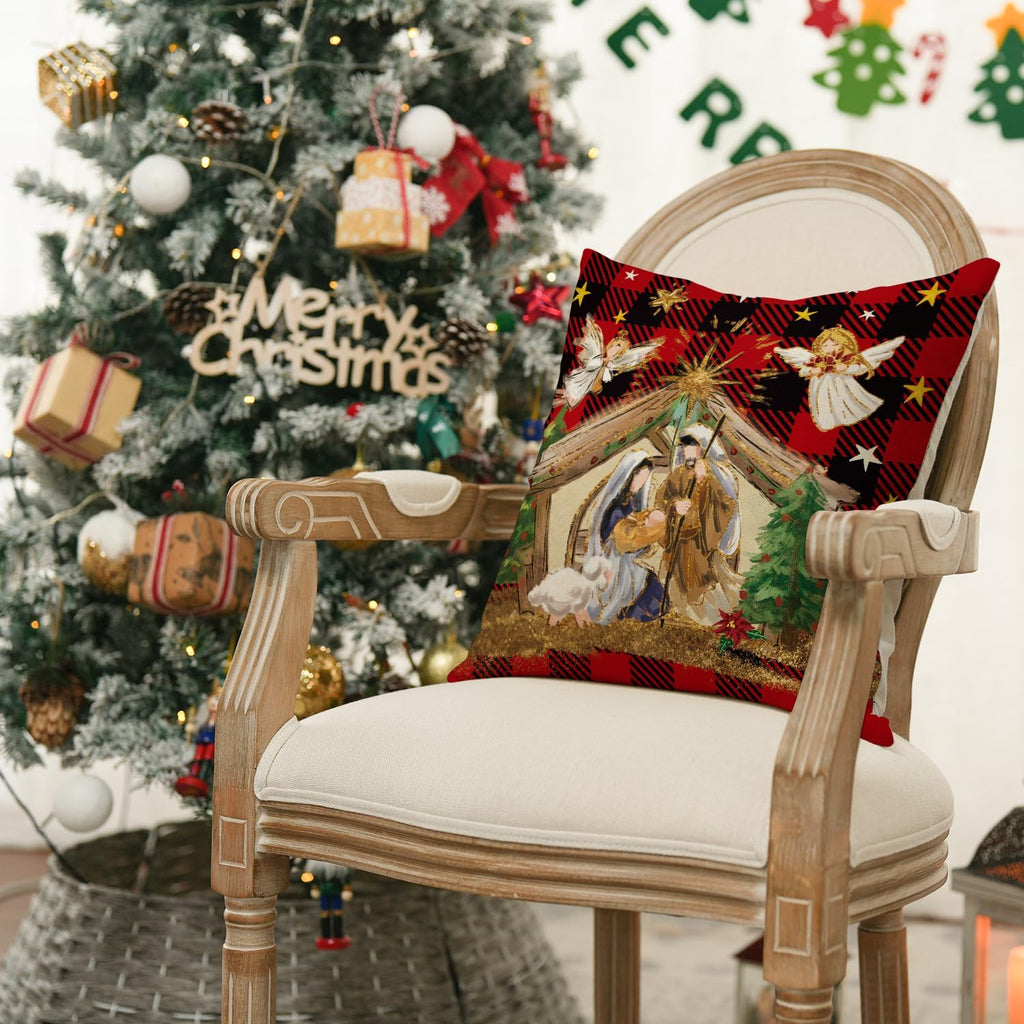 Christmas O Holy Night Jesus Cardinal Buffalo Plaid Throw Pillow Covers, 18 x 18 Inch Christmas Saying Winter Holiday - Set of 4