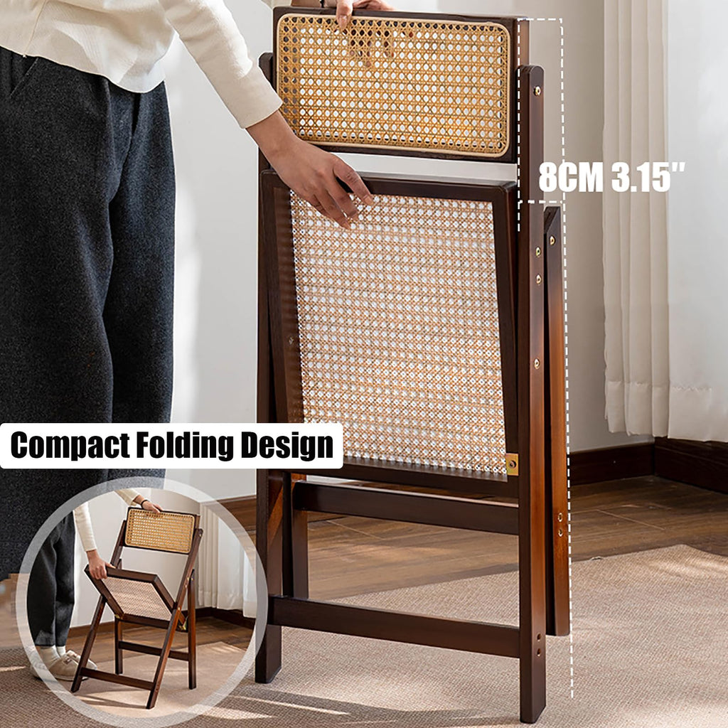 Wooden Rattan Folding Chairs Portable Save Space Kitchen Dining Chair for Balcony Living Room, with Mesh Elastic Seat