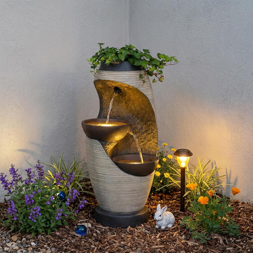 2-Tier Bowl Water Fountain with LED Lights, 27.95" Tall Freestanding Outdoor & Indoor Garden Waterfall Fountain