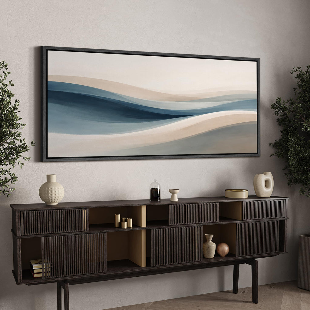 Extra Large Framed Canvas Print Wall Art Blue and Beige Abstract Wave Modern Neutral Illustrations Modern Art