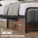 Full Bed Frame with LED Light and Charging Station, Upholstered Headboard and Footboard, Metal Slat, Noise Free