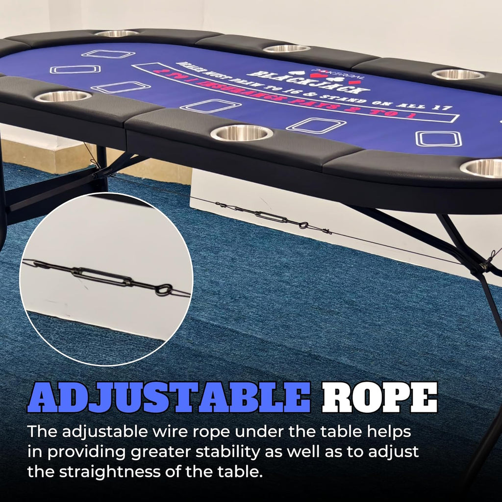 8 Player Poker Table with 2 Interchangeable Game mats, Texas Holdem and Blackjack, Collapsible Casino Table with