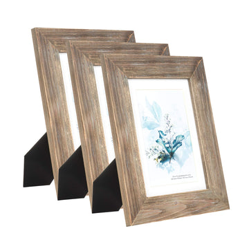 100% Solid Wood Brown 5x7 Picture Frame 3 Pack - Display Picture 4x6 with Mat, Rustic Wooden Photo Frames for Table