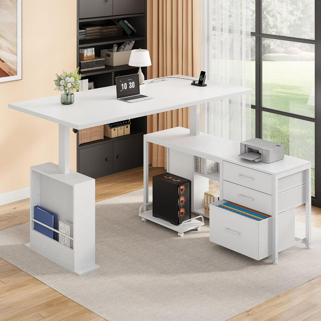 63'' L Shaped Desk with 3 Drawers Electric Standing Desks White | with Storage Computer Desk Adjustable Height with