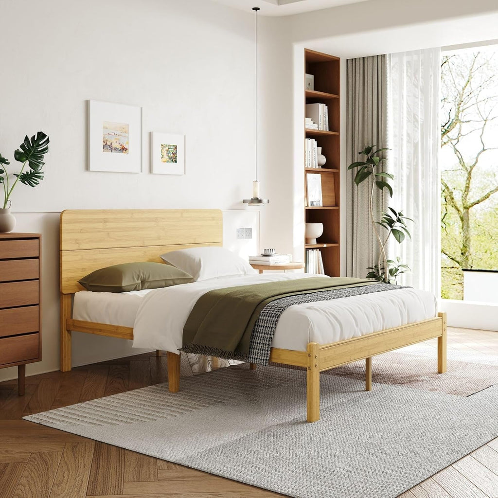 14 Inch Solid Bamboo Wood Queen Bed Frame with Headboard, Platform Bed Frame Queen with Metal Slats, No Box Spring