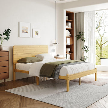 14 Inch Solid Bamboo Wood Queen Bed Frame with Headboard, Platform Bed Frame Queen with Metal Slats, No Box Spring