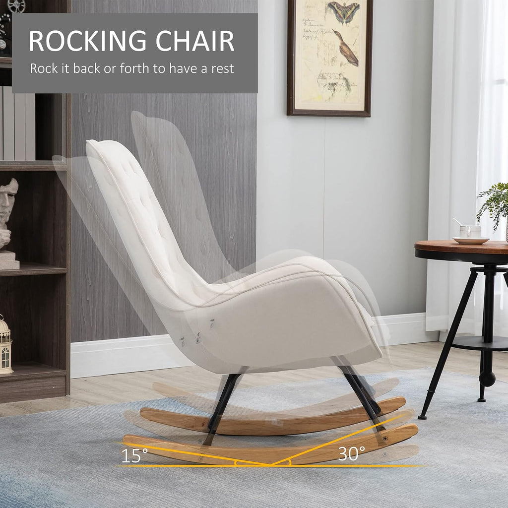 Fabric Rocking Chair, Mid-Century Wingback Accent Chair, Cream White | Armchair, Tufted, Rocker, Padded Seat, Rubber