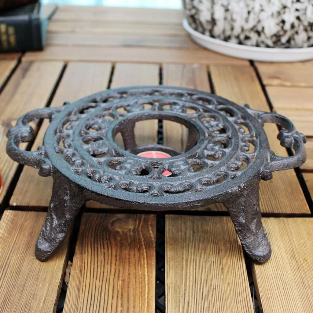 9 Inches Cast Iron Teapot Warmer Dish Cups Trivet,Round-Shaped Double Eared Design with Tealight Holder - Heavy Duty