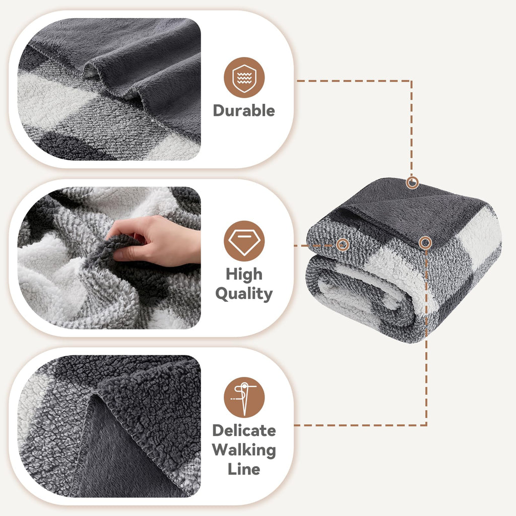 Checkered Sherpa Fleece Throw Blanket for Couch & Bed, Grey 50x60