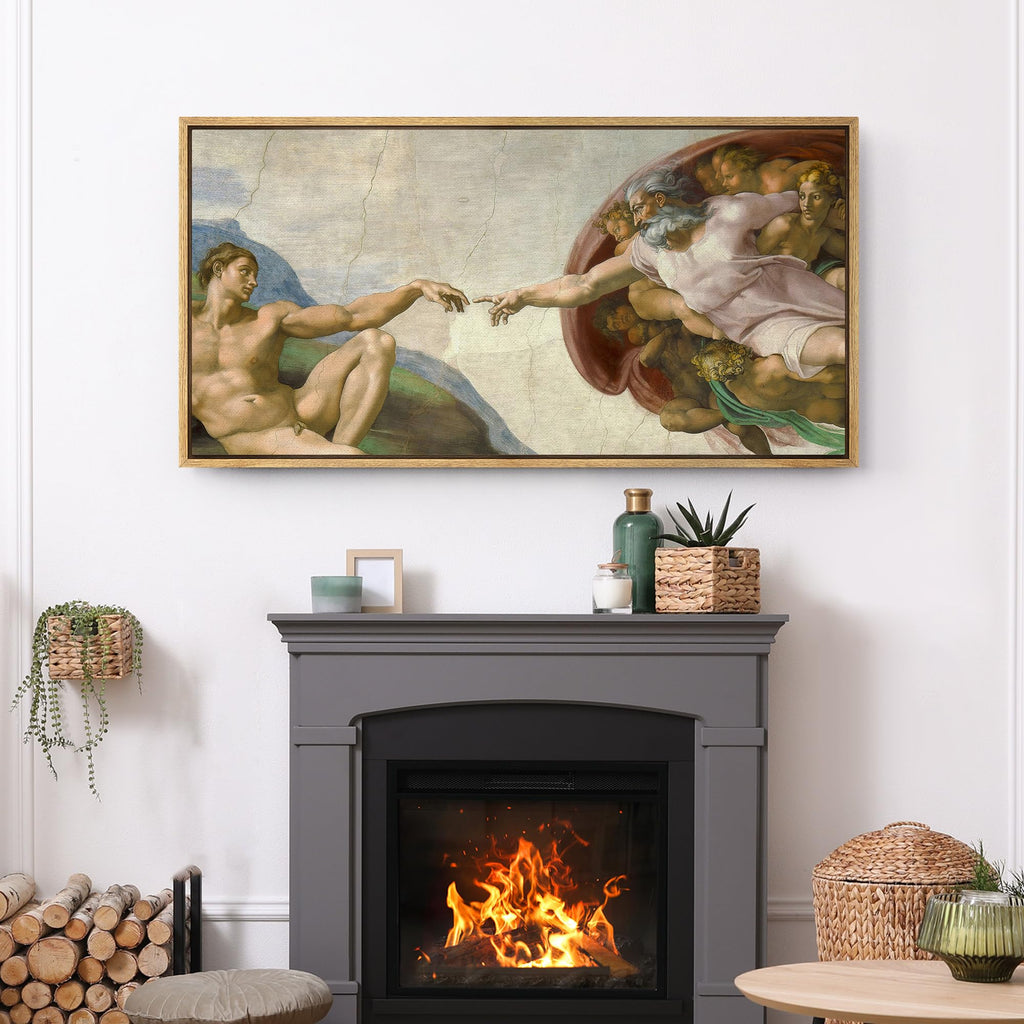 Extra Large Framed Canvas Print Wall Art The Creation of Adam by Michelangelo Illustrations Modern Art Calm Warm