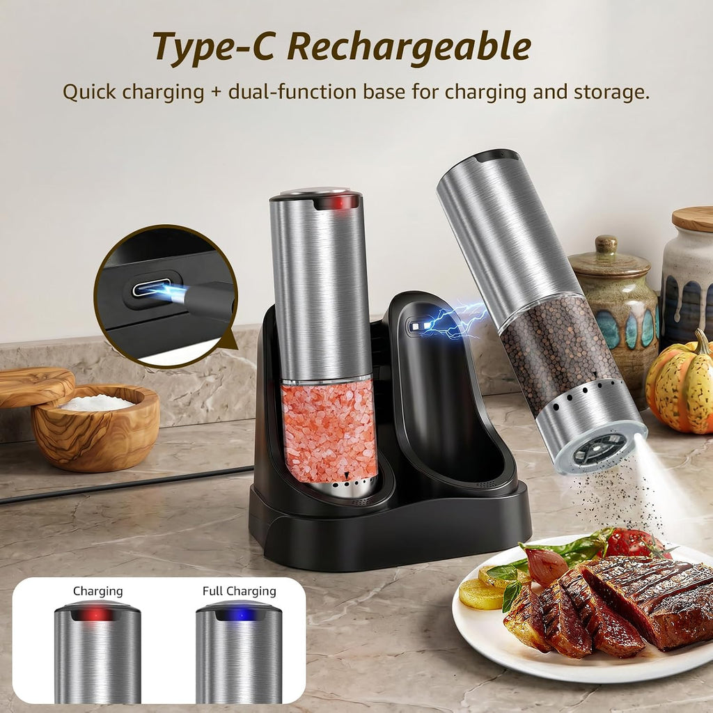 Electric Salt and Pepper Grinder Set Type-C Charging, 6 Levels, LED Light - Set of 2