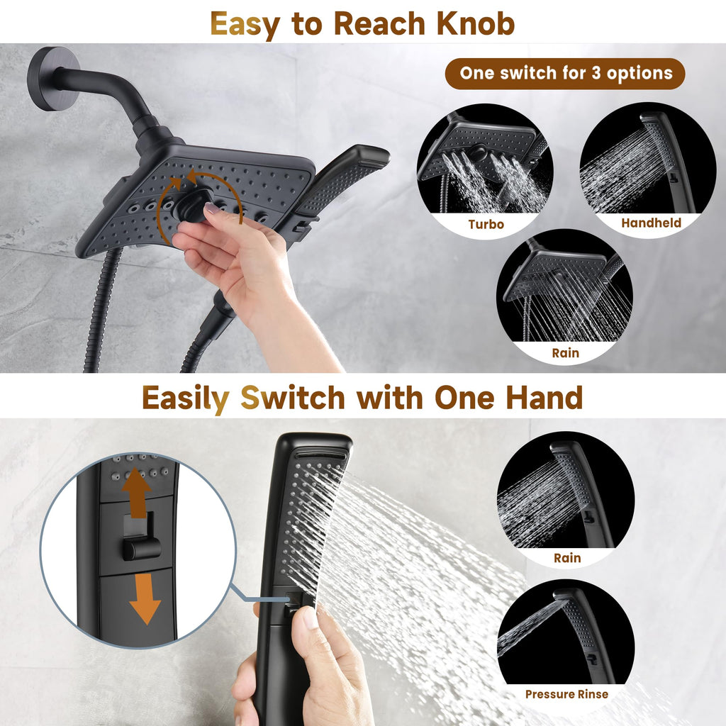 High Pressure Dual Shower Head Combo with Rainfall & Handheld, 4 Spray Settings, Tool-Free Installation, 60"