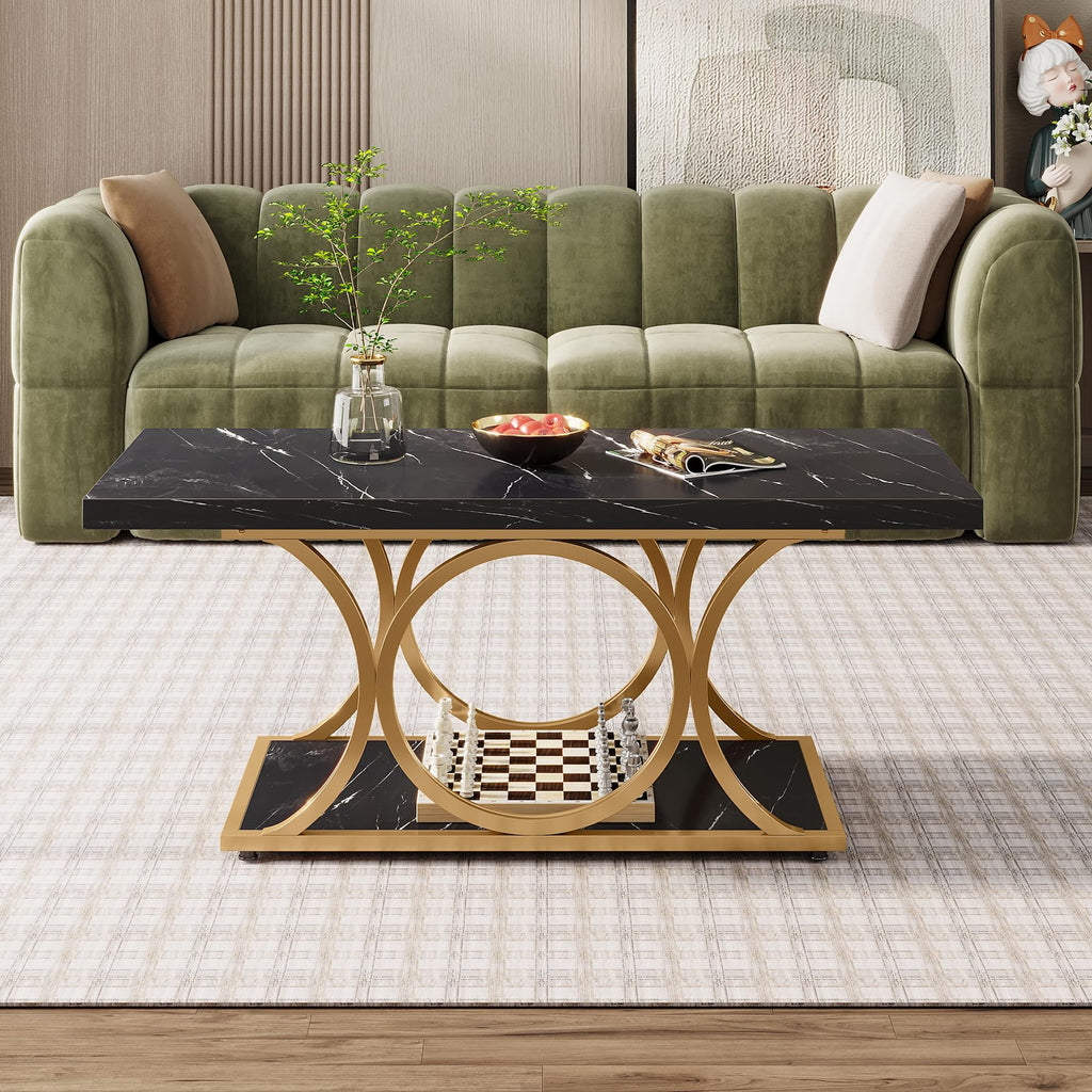 Rectangle Coffee Table, 47.24-inch Modern Coffee Tables, 2-Tier Faux Marble Wood Coffee Table with Geometric Metal