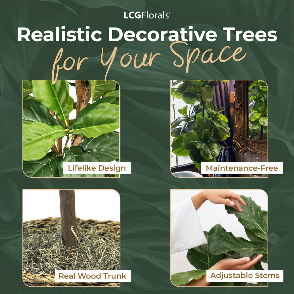 Artificial Plant, 3ft Artificial Fiddle Fig Tree in Black Pot - Real Wood Trunk by, Preassembled, No Maintenance