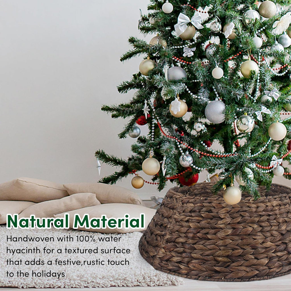 Christmas Tree Collar, 24'' Water Hyacinth Tree Collar, Woven Tree Collar with Cord Cut-Out, Rattan Wicker Tree Skirt