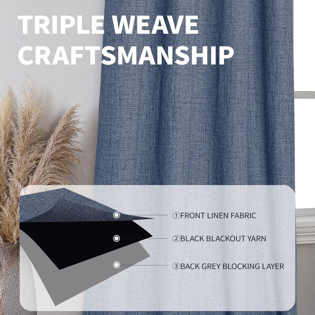100% Blackout Window Curtains 72 inches Long 2 Panels Set, Faux Linen Look Thermal Insulated Grommet Drapes, Room