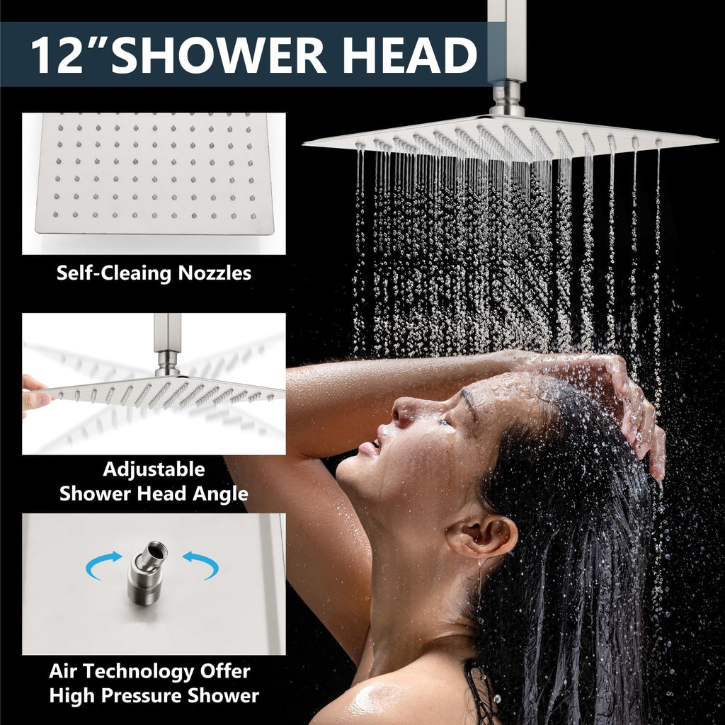 Ceiling Shower Faucet with Handheld 12 Inch Head Brushed Nickel