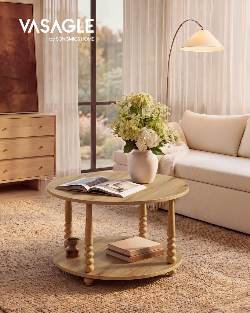 2-Tier Round Coffee Table with Storage, Solid Wood Legs