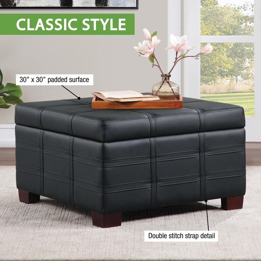 OSP Home Furnishings Detour Strap Square Storage Ottoman with Sliding Tray and Hinged Lid, Black Faux Leather