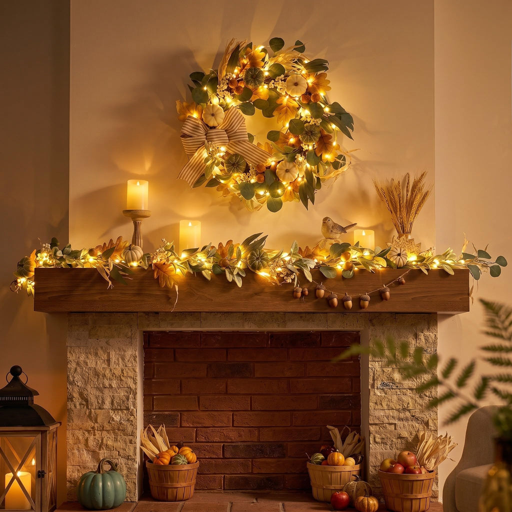 24'' Fall Wreaths for Front Door with LED Lights